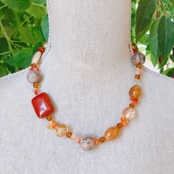 VTG Semi Precious Gemstone Chunky Beaded Fall Autumn Necklace Earth Tone Y2K - Picture 2 of 11